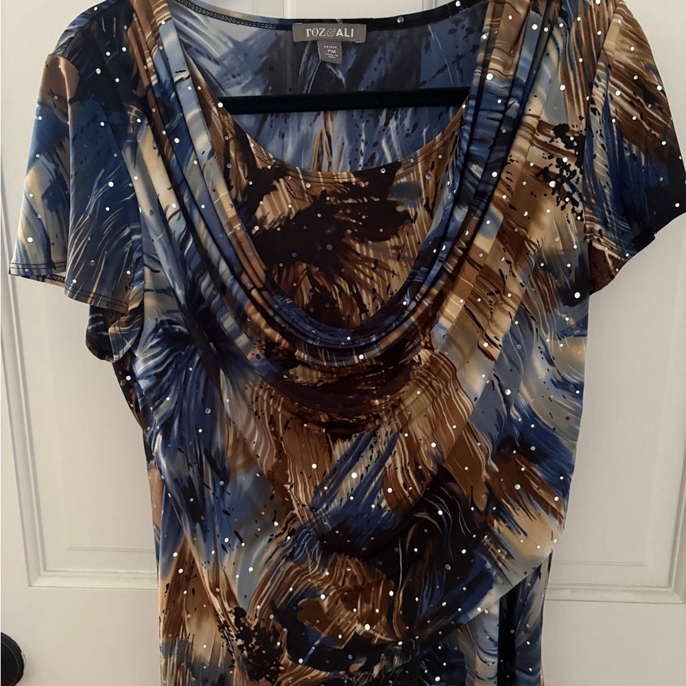 Roz & Ali Blue and Brown Graphic Embellished Blouse